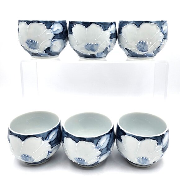 Vintage Fitz and Floyd Camellia Japan 6 Tea Cups Gosutake Blue Floral Porcelain - Picture 1 of 9